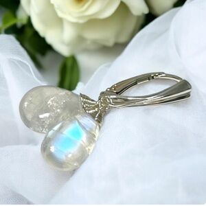 Handmade Blue Flash Natural Moonstone Earrings Sterling Silver 925 , Nickel Free